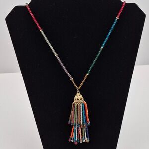 Bold Colorful Beaded Tassel Necklace 36" Boho Festival Retro Artsy Statement‎
